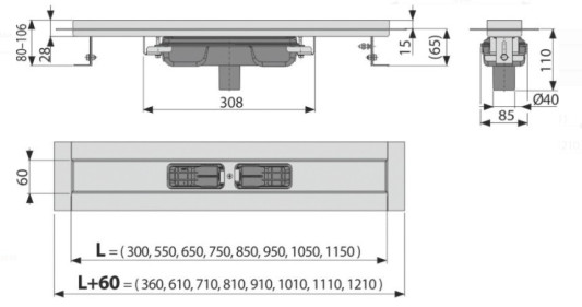 Душевой лоток Alcaplast мм + Решетка под кладку плитки FLOOR APZ1106 LOW-650